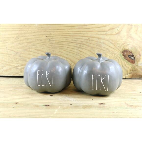 Rae Dunn Ceramic Pumpkins Lot of 2 EEK Halloween Fall Gray White Decorations - Picture 1 of 4